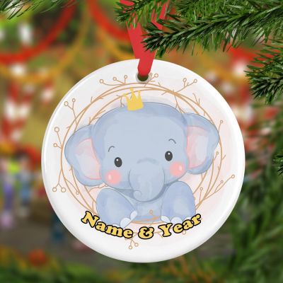 Personalized Round Ceramic Ornament Cute Baby Elephant Watercolor 11
