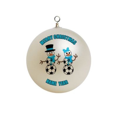 Personalized Soccer Ball Snowman boy and girl in blue Ornament  #12