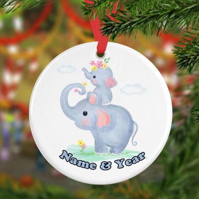 Personalized Round Ceramic Ornament mommy and baby elephant together watercolor 12