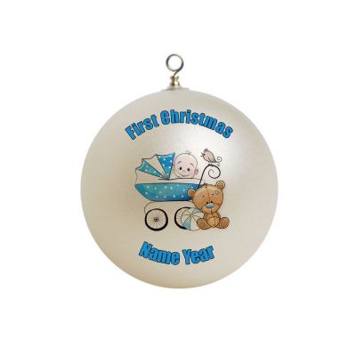 Personalized First Christmas baby boy child in a stroller blue Christmas Ornament 18