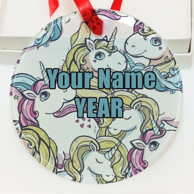 Personalized Multicolor Unicorns Drawing Pattern  GLASS Ornament  Gift #18