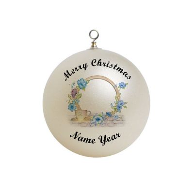 Personalized Cute tea cup with blue flowers frame Ornament 1