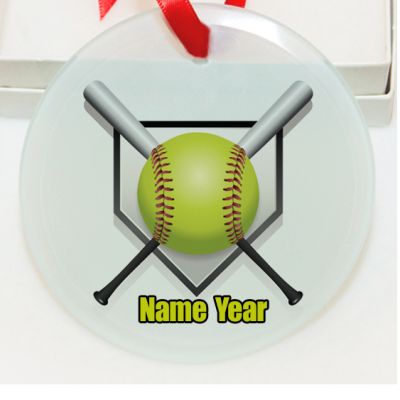 Personalized Softball Yellow Ball 2 Bats Plain GLASS Ornament Custom Gift #1