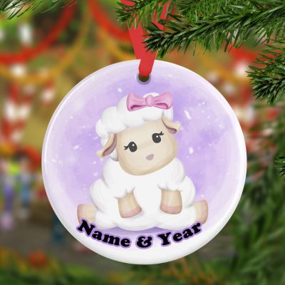Personalized Round Ceramic Ornament Adorable Cute Baby Sheep Girl Watercolor 1
