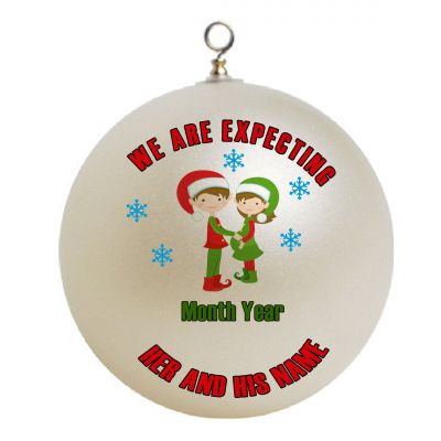 Personalized  Expecting Baby two elfs one elf pregnant with wood snowflakes Christmas Ornament Custom Gift #2