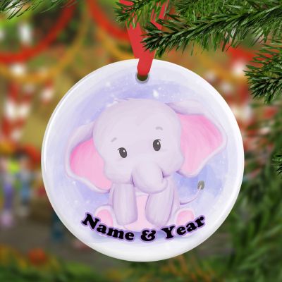 Personalized Round Ceramic OrnamentBaby Elephant New Born Nursery Arts Watercolor 2