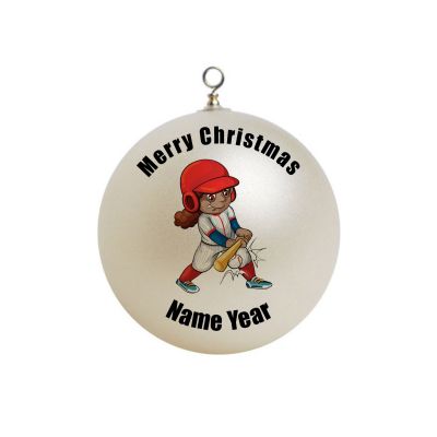 Personalized Baseball Girl with a batter  African American Ornament 2