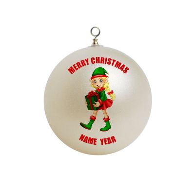 Personalized Girl Elf Holding a present Ornament  #3