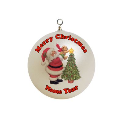 Personalized santa lifting a bear next to tree Christmas Ornament Custom Gift #3