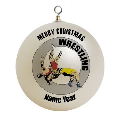 Personalized Wrestling Yellow and Red Men red/gold/yellow singlet round gray border Ornament  3