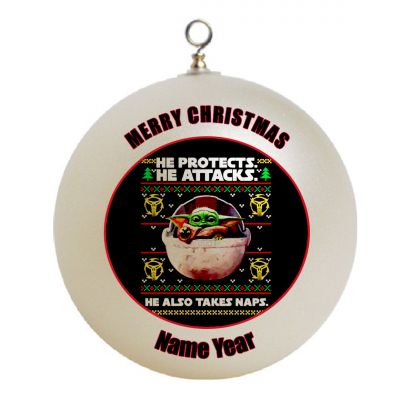 Personalized Mandalorian baby Yoda He protects He Attacks He Naps Ornament  3
