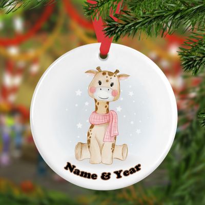 Personalized Round Ceramic Ornament Adorable Cute Kawaii Baby Giraffe Watercolor 3