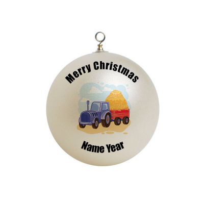 Personalized  Harvest Farm Blue Tractor with hay  Fall Ornament Christmas 4