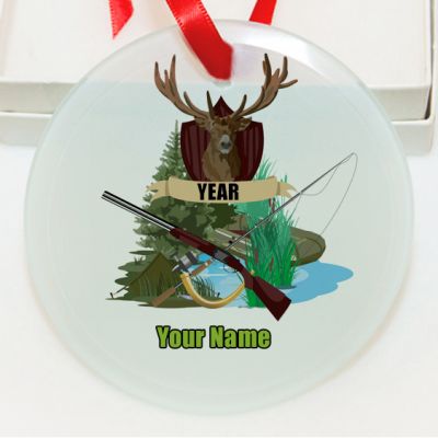 Personalized Fishing and Hunting Deer Gun GLASS Ornament  Gift #4