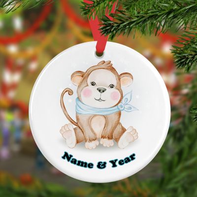 Personalized Round Ceramic Ornament Adorable Cute Kawaii Baby Monkey Watercolor 5