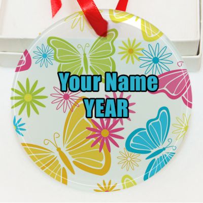 Personalized Pattern Colorful butterflies with flowers texture  GLASS Ornament  Gift #7