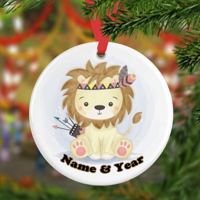 Personalized Round Ceramic Ornament Adorable Tribal Lion Watercolor 8