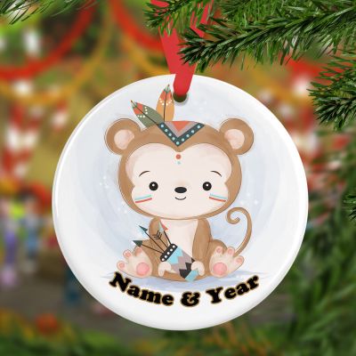 Personalized Round Ceramic Ornament Watercolor Tribal Monkey 9
