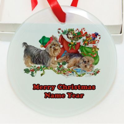 Personalized Christmas Yorkshire Terrier Dogs Two with Present Bags GLASS Ornament Custom Gift #8