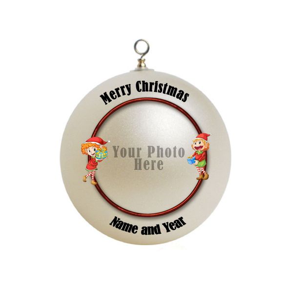 Personalized Christmas Two Santa Elves with gifts Border,  Ornament Custom Border Gift #11