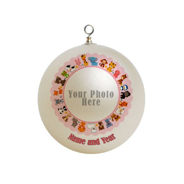 Personalized Baby Girl Animals and Pink Border,  Ornament Custom Border Gift #13