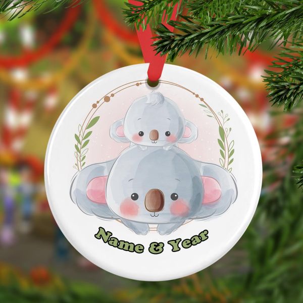 Personalized Round Ceramic Ornament mommy and baby koala in wreath watercolor 13