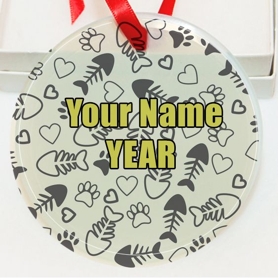 Personalized Pattern Cat paw and Fish GLASS Ornament  Gift #14