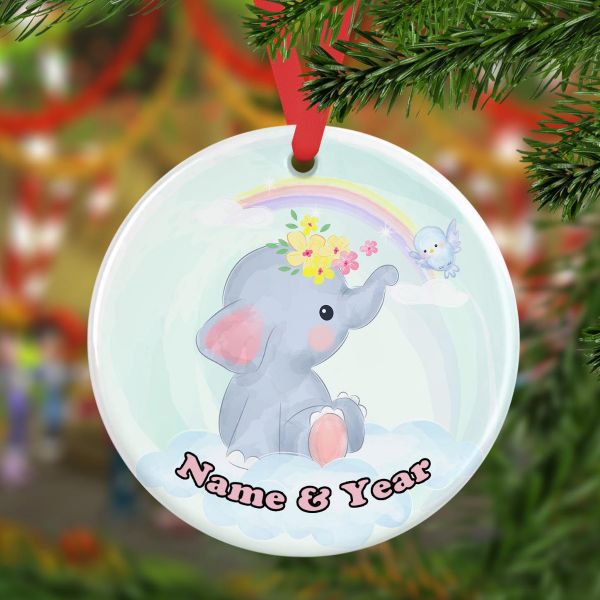Personalized Round Ceramic Ornament baby elephant clouds and rainbow watercolor 14