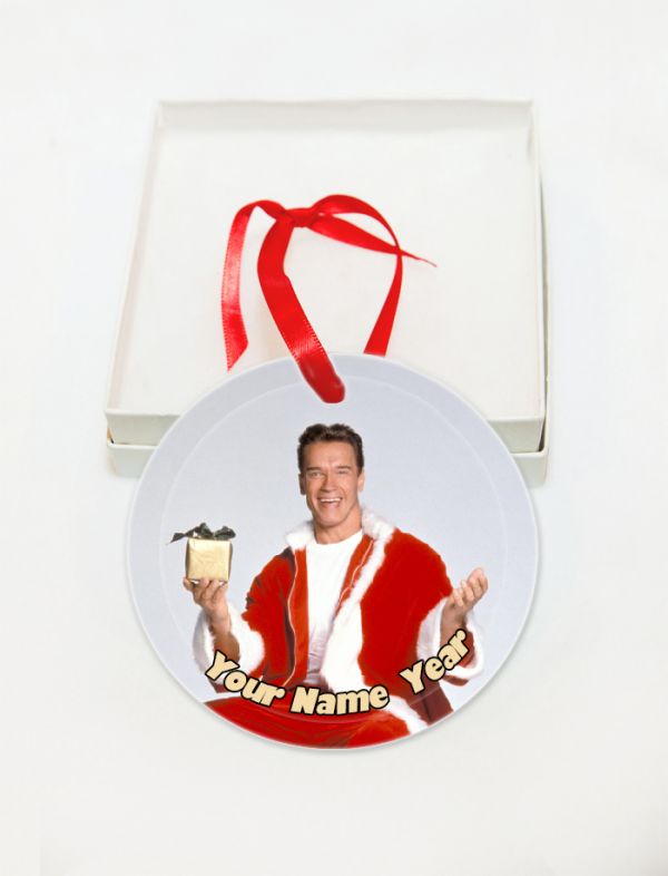 Personalized Arnold Schwarzennegger with a Present Glass Christmas Ornament Custom Gift #1