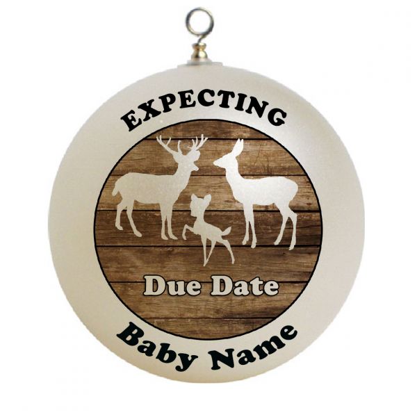 Personalized  Mom Dad child Expecting Baby two deers and a baby with wood planks Christmas Ornament Custom Gift #1