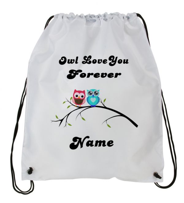 Personalized Owl's Draw String Back Pack,  Backpack, White Drawstring Bag #1~ Add Name