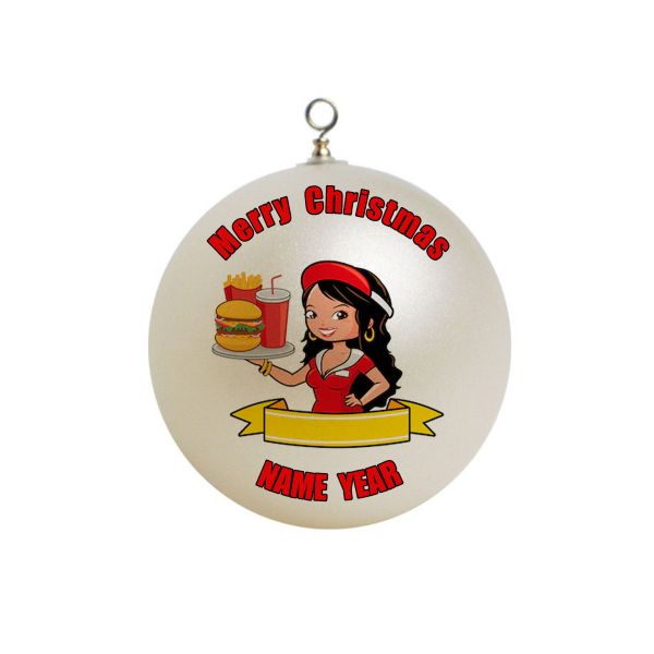 Personalized Waitress in red holding burgers Christmas Ornament 2