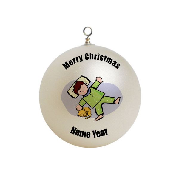 Personalized  Boy Sleeping with a cat Christmas Ornament 2