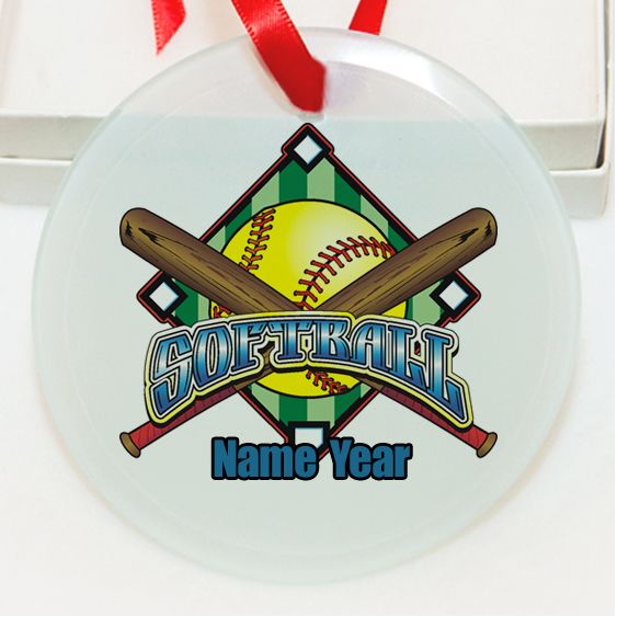 Personalized Softball Yellow Ball with Blue Text 2 Bats Colorful GLASS Ornament Custom Gift #2