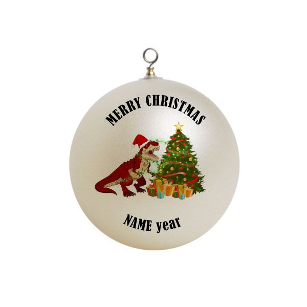 Personalized Trex with santa hat next to a tree  #3