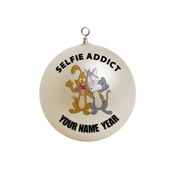 Personalized  Selfie Addict Phone Cell Cat and dog selfie funny Ornament 3