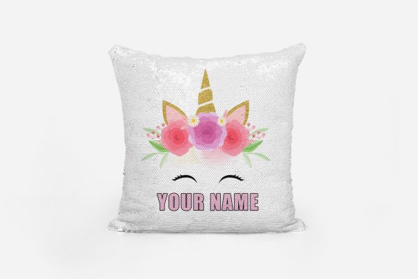 Champaign Sequin pillow case personalized, Painted Unicorn Face Flowers and gold horn Unicorn 3