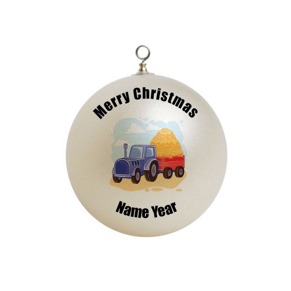 Personalized  Harvest Farm Blue Tractor with hay  Fall Ornament Christmas 4