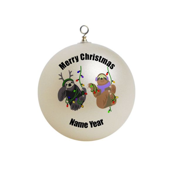 Personalized Christmas Sloth Two Hanging on a tree with christmas lights 4