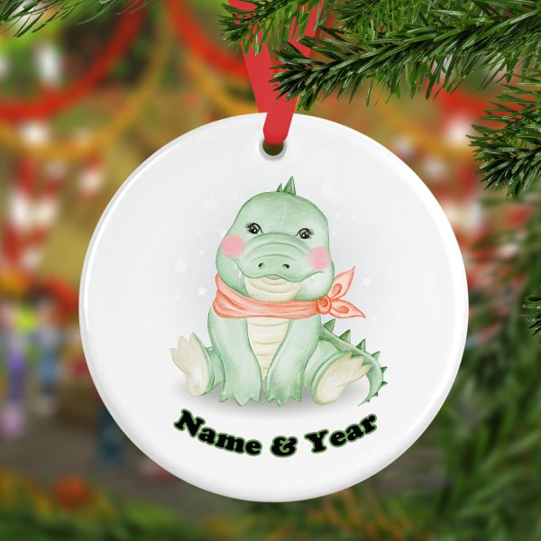 Personalized Round Ceramic Ornament Adorable Baby Crocodile Kawaii Watercolor 4