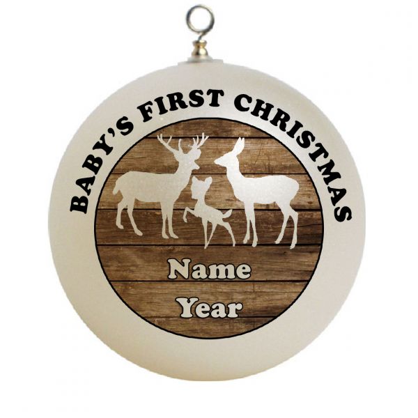 Personalized  New Parents Baby's First Christmas two deers with babe wood planks Christmas Ornament Custom Gift #5