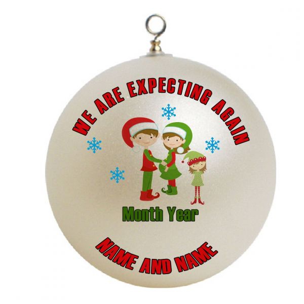 Personalized  Expecting Baby two elfs one elf pregnant with wood snowflakes  plus a girl sibling Christmas Ornament Custom Gift #6