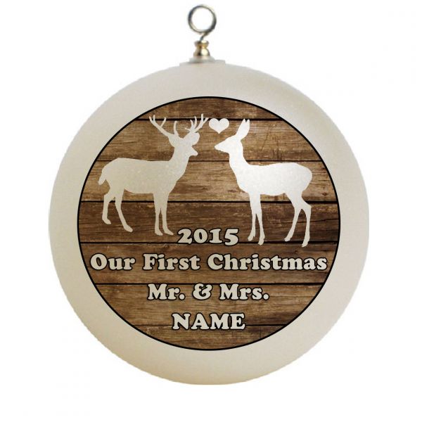 Personalized  Our First Christmas as Mr. and Mrs. two deers with wood planks Christmas Ornament Custom Gift #8