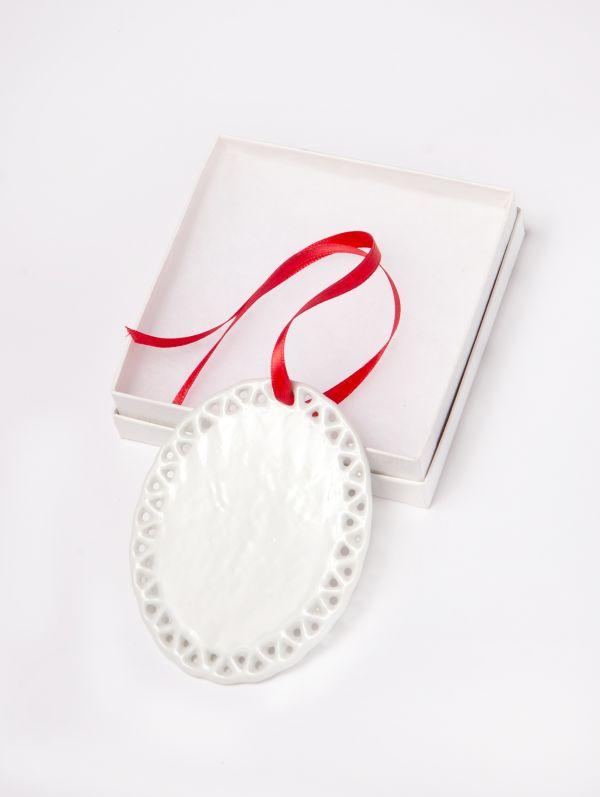 Personalized Oval with Triangle Border Trim Ceramic Ornament With Your Photo and Text